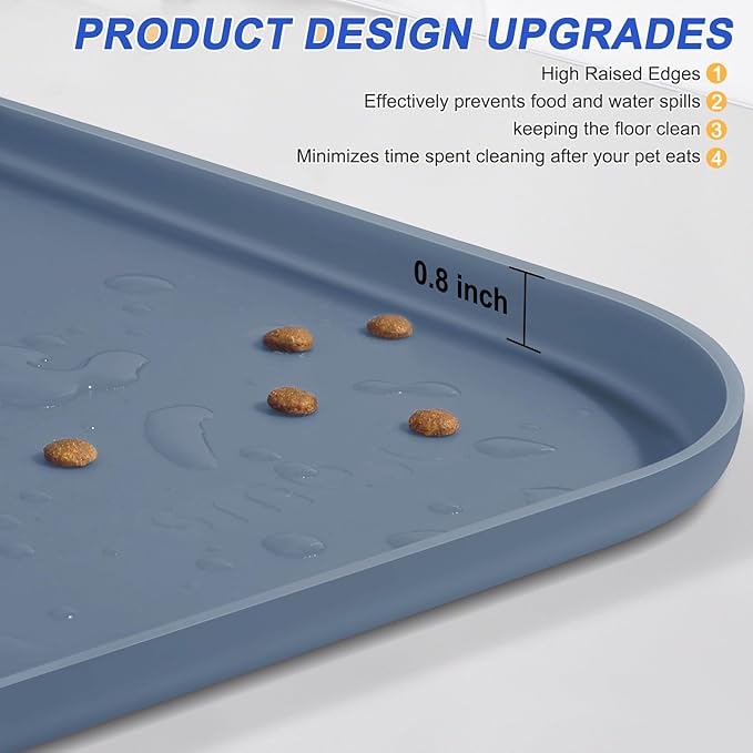 Silicone Pet Feeding Mat with Raised Edge for Food and Water, Dog Bowl Mats, Cat Bowls Placemat with High Lip for Floor Waterproof, Rubber Tray for Cats and Dogs 24 x 16 x0.8 Slate Blue