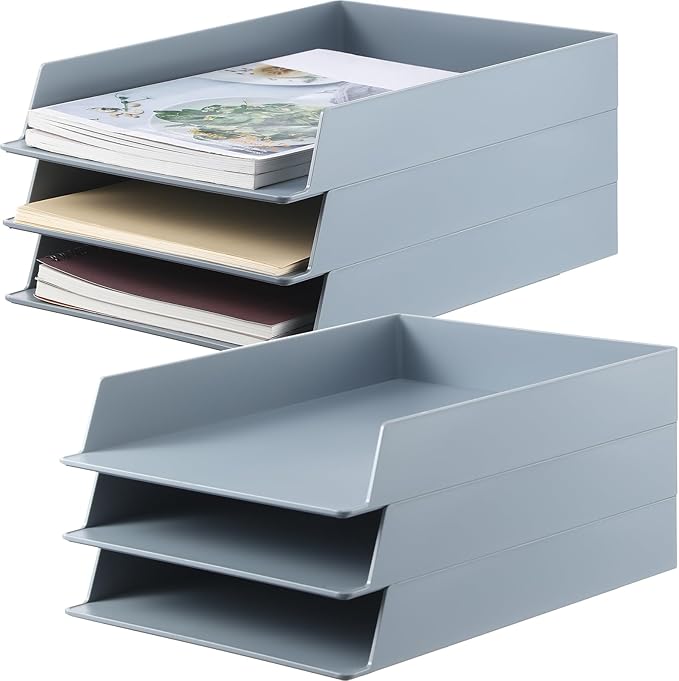 Wenqik 6 Pcs Stackable Paper Trays Rectangular Plastic Desk Holder Desktop Document File Organizer Storage Letter for Office Classroom (Gray)