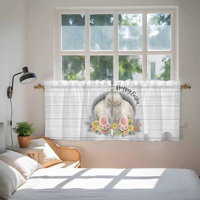 Easter Bunny Kitchen Tier Curtains 36 Inch Long 2 Panel Set, Rod Pocket Half