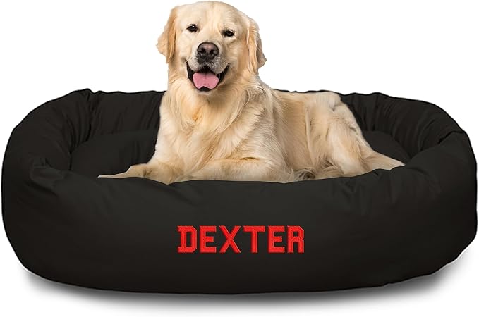 Majestic Pet Personalized 40 Inch Bagel Calming Dog Bed Washable – Cozy Soft Round Dog Bed with Spine Support for Dogs to Rest Their Head - Fluffy Donut Dog Bed 40x29x9 (Inch) - Large – Black