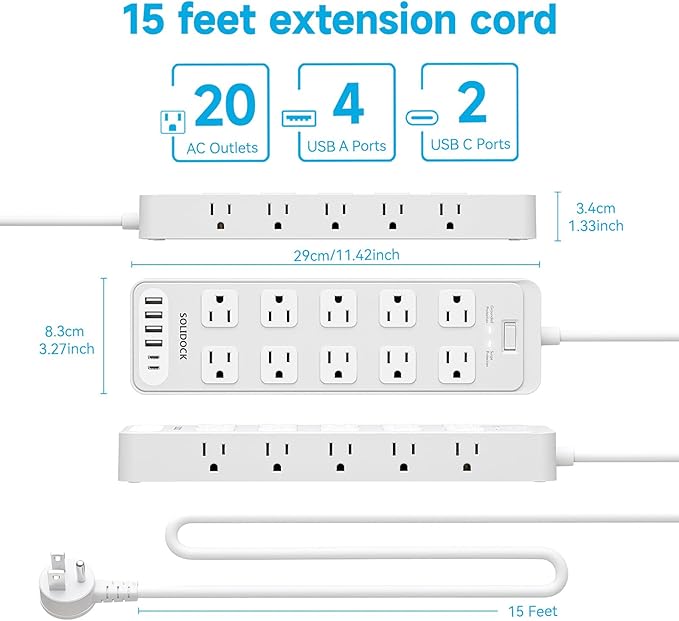 Power Strip Surge Protector Flat Plug with 20 AC Outlets 6 USB Chagring Ports, 1875W/15A, 2700J, 15 Ft Heavy Duty Extension Cord for Home, Office, Dorm, Gaming,ETL Listed (White, 15Feet)