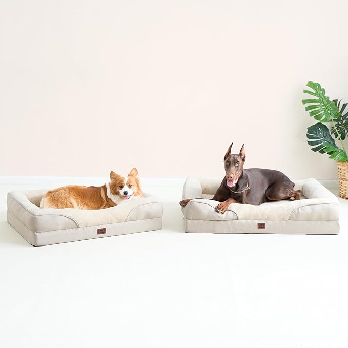 EHEYCIGA Orthopedic Dog Bed for Medium Dog, 35x22x6.5 Inch Memory Foam Dog Couch Bed with Sides, Waterproof Liner & Washable Removable Cover, Bolster Pet Sofa, Beige
