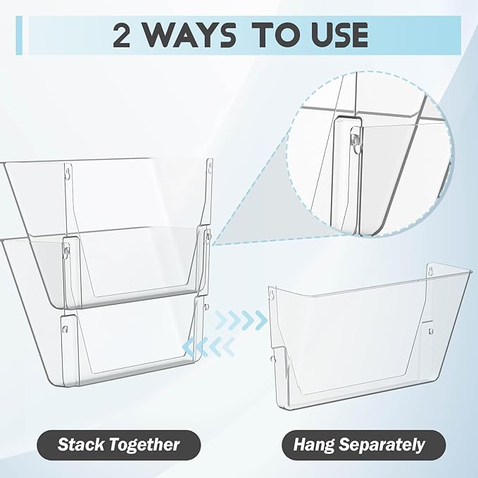 Clear Acrylic Single Pocket, Plastic Hanging Wall Mount File Holder for Office Home (Clear, 2 Pack)