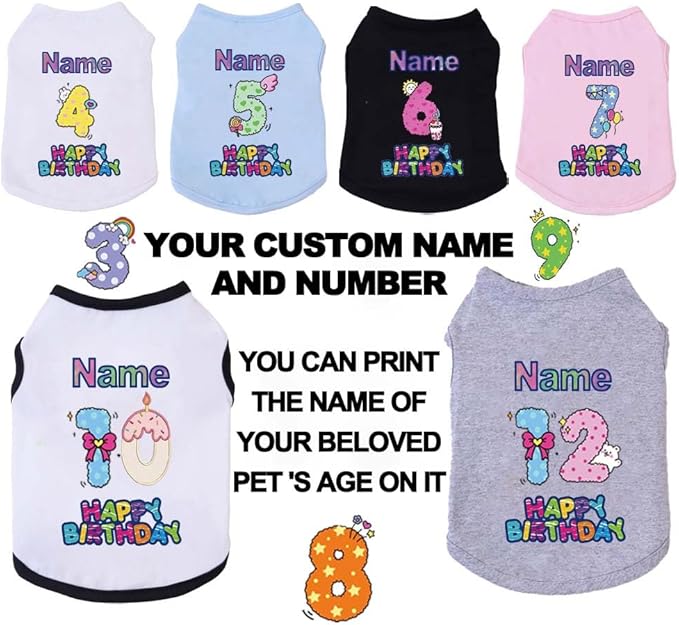 Custom Dog Birthday Shirt,Personalized Pet Apparel Print with Name Age Number,Pet Birthday Outfit,Lightweight Breathable Cotton Vest for Small Medium Large Dogs Cat (Black, 4X-Large)