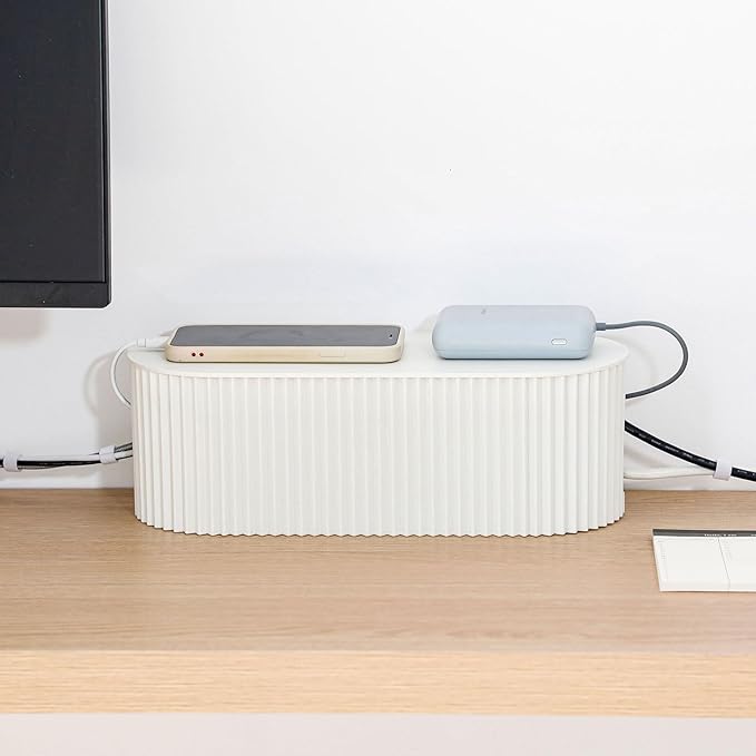 White Cable Box Organizer, Plastic Cord Hider Box with Lid for Desk and Floor, Power Strips Cover for Home, Office, Computer, TV, School, Kitchen, Surge Protector Cover (Small)