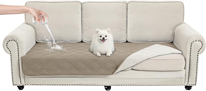 100% Waterproof Dog Couch Protector, Triple-Layer Waterproof Dog Bed Cover Pet Blanket Reversible 2-Tone Sofa Shield, Non-Slip Furniture Guard for Pets(35×71 Inch, Khaki+Off White)
