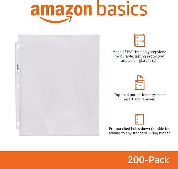 Amazon Basics Polypropylene (PP) Sheet Protector, Non-Glare, 200 Pack, Clear