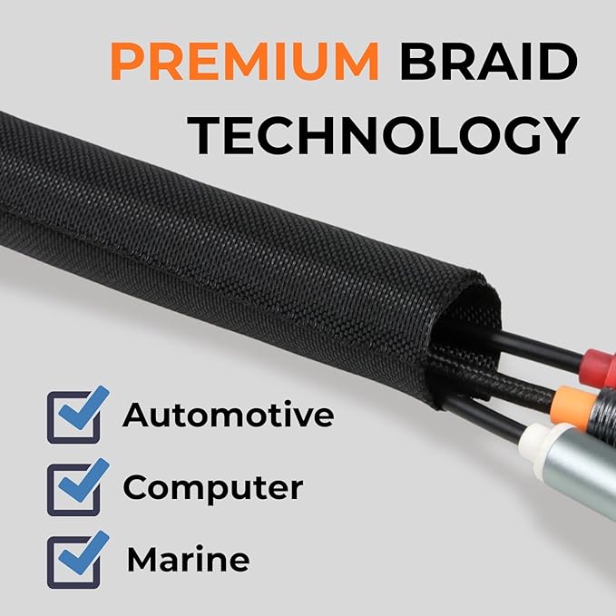 3/8 inch Split Braided Cable Management Sleeve for USB Cable Power Cord Audio Video Cable, High-Temperature Automotive Harness Wire Loom Cord Protector from Cat Dog Chewing (Black, 10FT)