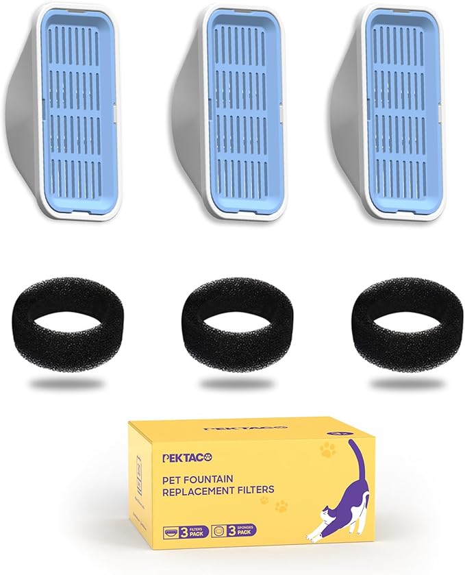 PEKTACO Cat Water Fountain Filters Replacement & Pre-Filter Sponges for 3.2L/108oz Automatic Pet Fountain, Dog Water Dispenser (3 Filters+3 Sponges)