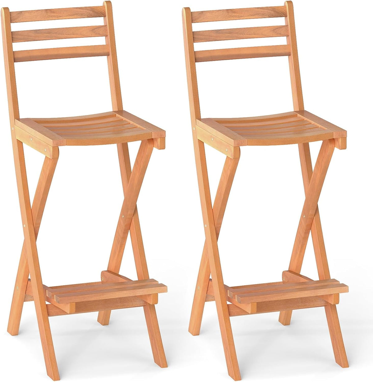Tangkula Patio Folding Barstool Set of 2, Outdoor Portable High Top Acacia Wood Bar Height Chair with Backrest & Footrest,for Backyard, Garden, Front Porch