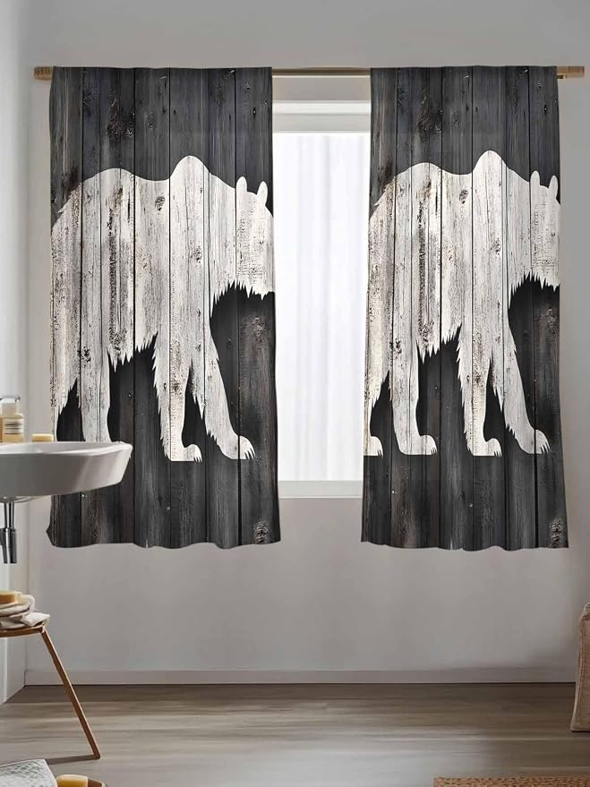 Sheer Curtains 63 Inch Length, Farmhouse Country Rustic Wooden Grain Privacy