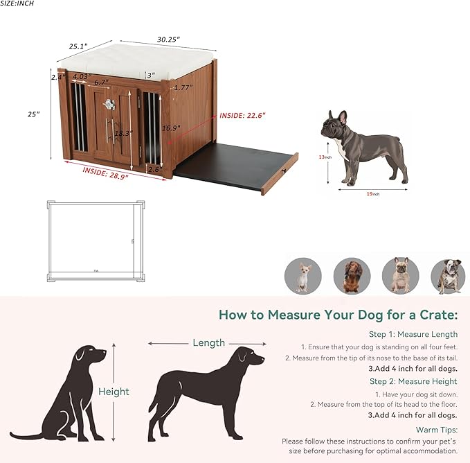 2 in 1 Night Stand with Storage & Dog Crate Furniture, Luxury Wooden Side Table Dog Kennel, Dogs Cage House Kennel End of Bed Bench Ottoman with Removable Cushion,Walnut-MDFMetal