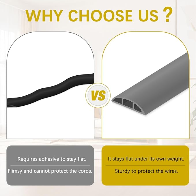 Floor Cord Cover 10FT Cord Covers for Wires on Floor Protect Wires & Prevent Trip Hazards, Easy to Cut for Home, Office, School, Concerts, Cavity W0.6in x H0.32in