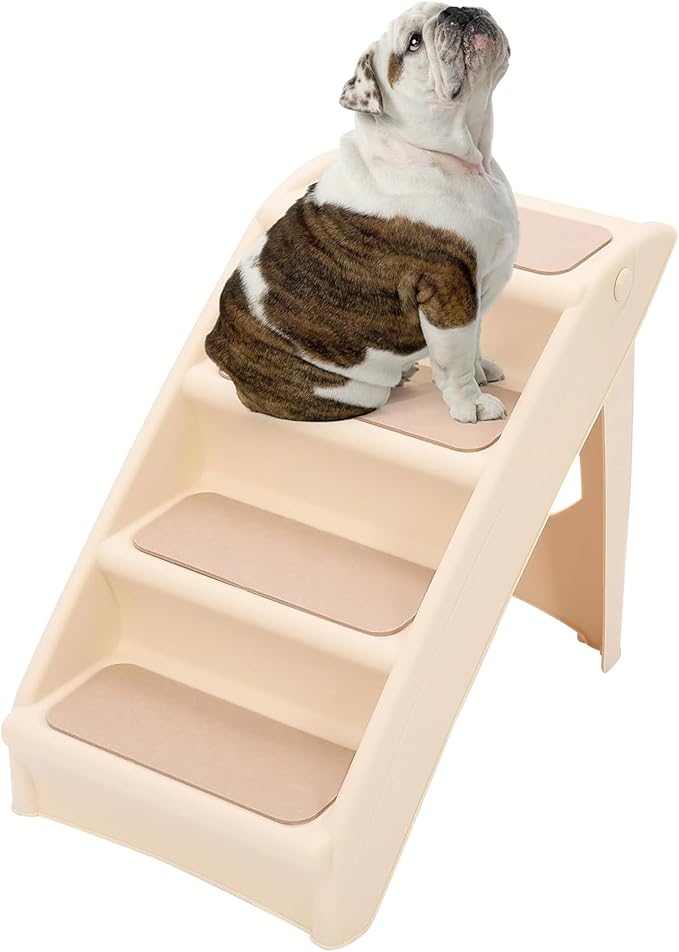Kojem Foldable Pet Stairs Dogs & Cats Steps for High Bed Couch Truck SUV 4 Non-Slip Steps with Support Frame Indoor Outdoor Portable Pet Ladder Beige PP