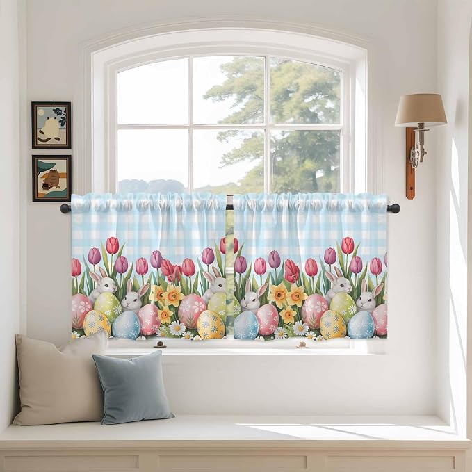 Easter Kitchen Tier Curtains 24 Inch Long 2 Panel Set, Rod Pocket Cafe Small