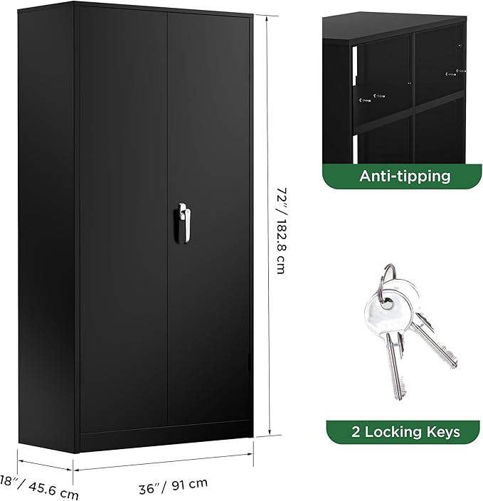 Greenvelly Metal Garage Storage Cabinet, 72” Lockable Storage Cabinet with Adjustable Shelves, Steel Tool Organizer for Home Office, Garage, School, Classroom(36" W x 18" D)