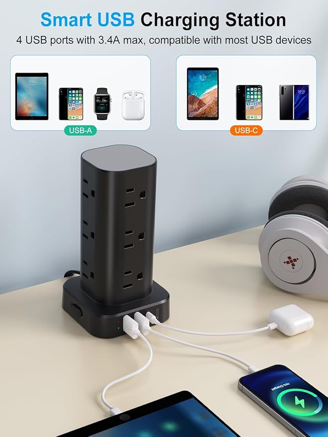 Power Strip Tower with Multiple Outlets, Flat Plug Surge Protector Tower Extension Cord with 12 AC Outlets 4 USB Ports (2 USB C), 15FT Cord Power Tower Surge Protector for Home Office Dorm Room, Black