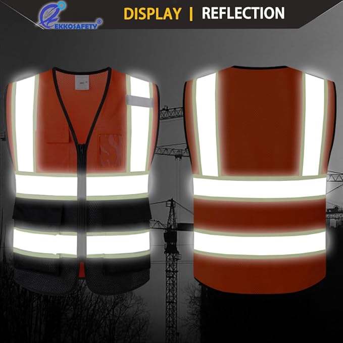 Reflective Mesh Safety Vest for Men Women with 5 Pockets and Zipper Front High Visibility Mesh Vest Hi Vis Construction Work Vest,Meets ANSI/ISEA Standards(EK175-Orangeblack-2XL)
