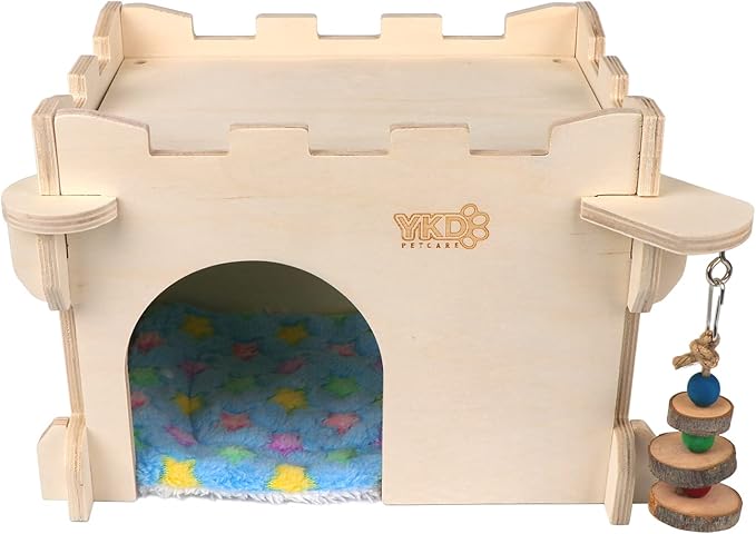 YKD Castle Chinchilla House, Small Animal Hideout for Chinchilla, Guinea Pig, Hedgehog, or Rat, Ventilated Wooden Guinea Pig Hut Habitat with Multiple Doors (Medium)