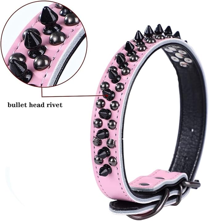Spiked Studded Dog Collar, Genuine Leather Dog Collar, Adjustable Pet Collars for Medium Large Bulldog Pitbull Mastiff Poodle Boxer (M:29-38cm, Pink-1)
