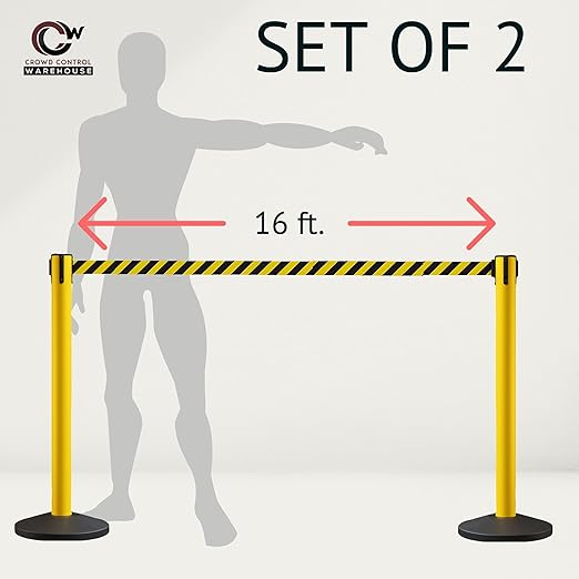 Crowd Control Warehouse CCW Series RBB-150 - Set of 2 Stanchion Retractable Belt Barriers - 16 Foot, Blue Belt with Red Post - Easy Assembly