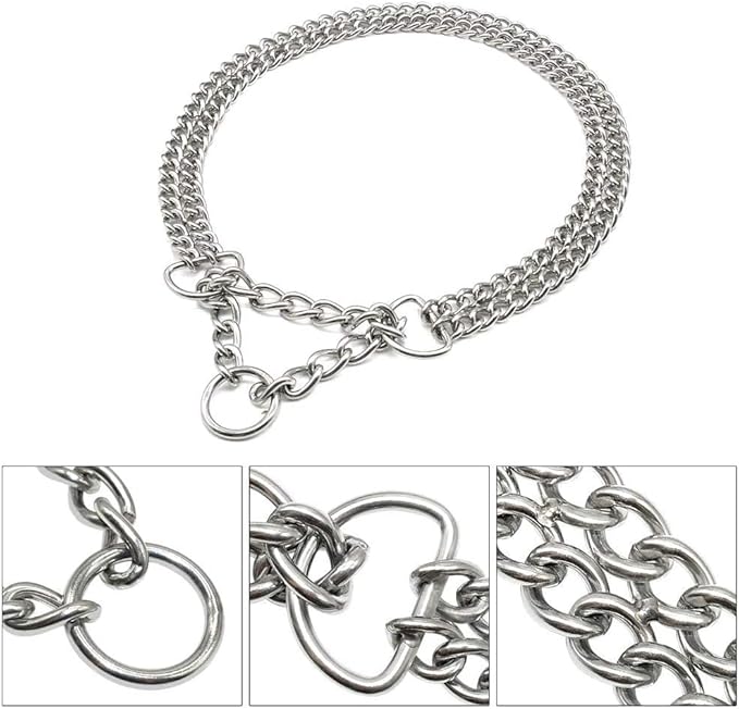 Silver Dog Choker Collar,2 Rows Stainless Steel Dog Chain Cuban Link Metal Martingale Collar Heavy Duty Training Choke Collar for Small Medium Large Big Breed (Silver, M(Neck Max 16inch) D2.5mm)