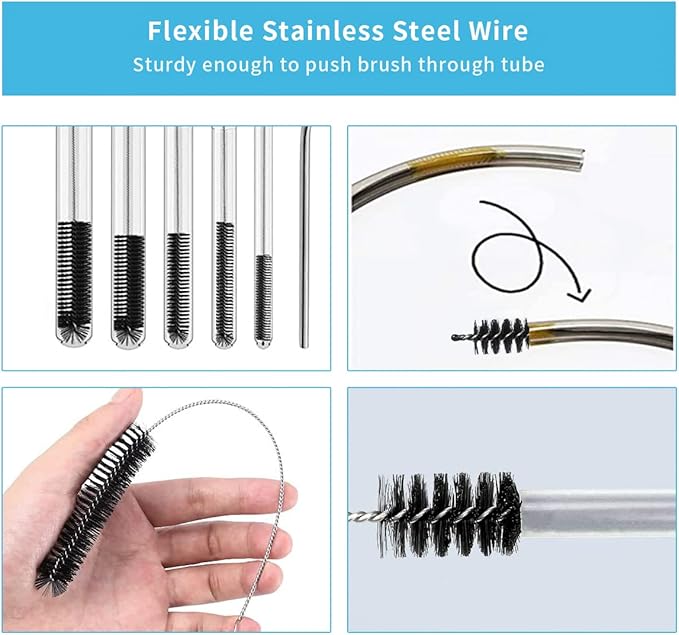 10PCS Flexible Drain Brush Straw Cleaner Brush Set,Pipe Cleaners Brush,61Inch Stainless Steel Double-Ended Hose Brush 8.2Inch Nylon Long CPAP Tube Cleaning Brush for Home Kitchen Sink Plumbing