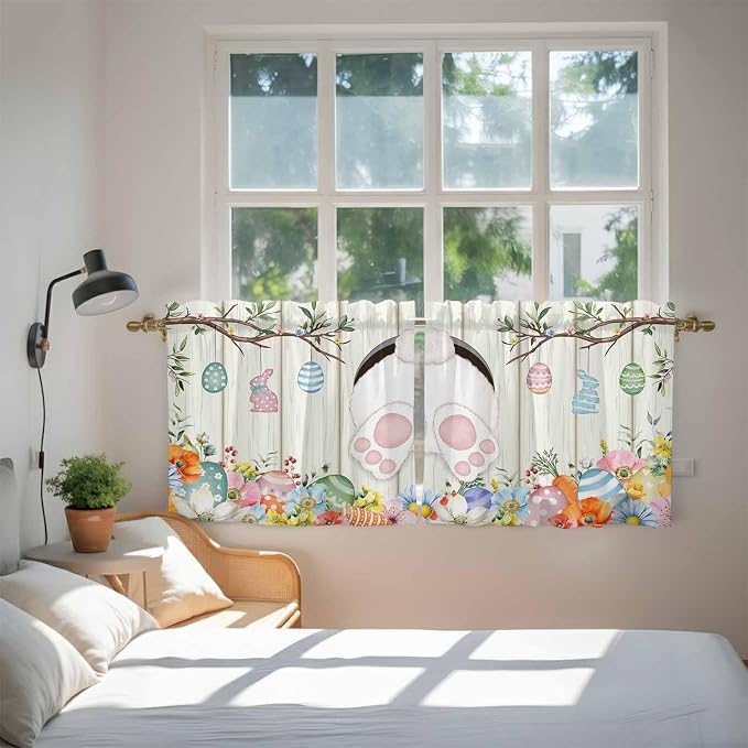 Easter Kitchen Tier Curtains 24 Inch Long 2 Panel Set, Rod Pocket Cafe Small