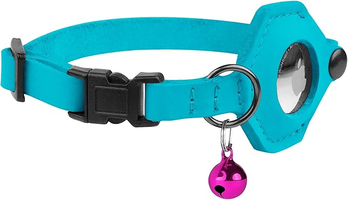 Breakaway Airtag Cat Collar with Removable Bell - Leather Pet Collar with Apple Air Tag Holder - Adjustable GPS Collars for Girl Boy Cats Kitten Puppy - Lightweight, Cute and Comfortable (Aquamarine)
