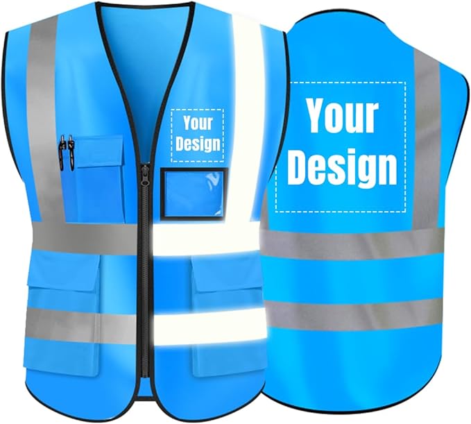 YOWESHOP High Visibility Safety Vest Custom Your Logo Protective Workwear 5 Pockets With Reflective Strips Outdoor Work Vest (Blue (3XL))