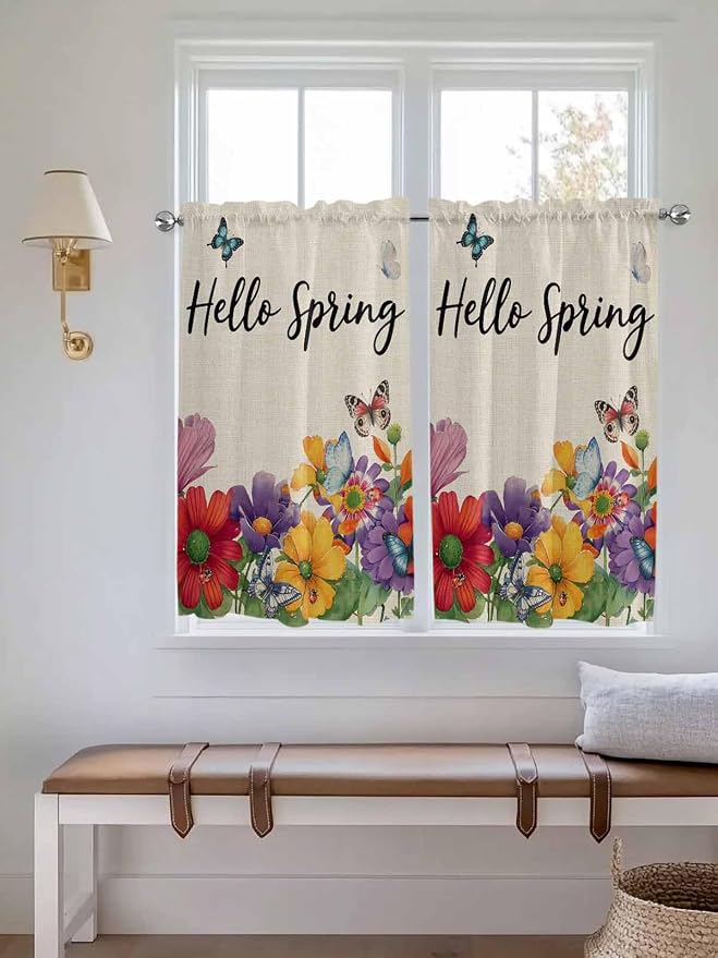Spring Flowers Kitchen Curtains 54 Inches length, Farmhouse Vintage Country