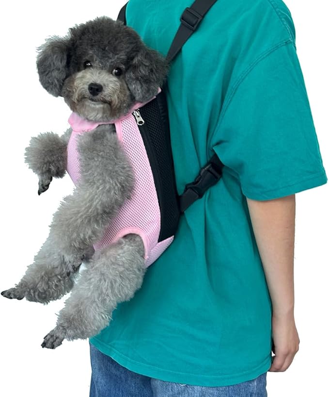 Pet Dog Carrier Backpack, Portable Breathable Mesh Chest Carrier, Polyester Woven Double Shoulder Pet Bag for Outdoor Adventures (Pink, Large)
