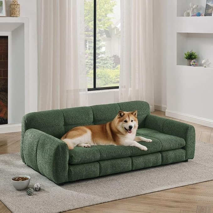 Modern Pet Sofa Bed for Large Dogs Up to 130lbs, Luxurious Living Room Dog Couch with Supportive Backrest and Armrests, Easy-to-Clean Linen Fabric Elevated Pet Furniture
