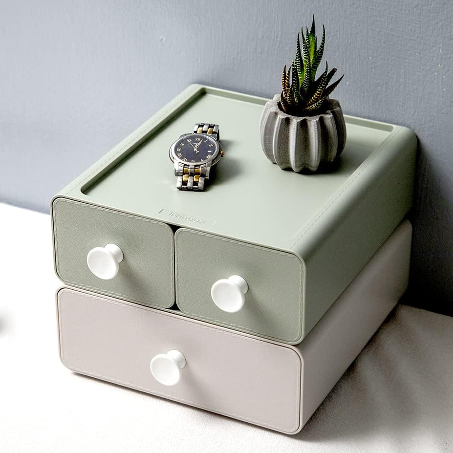 livinbox 2 PCS Stackable Plastic Desk Organizer, Drawer Type Desktop Storage Box, Cosmetics Makeup Stationery, Gel Pens, Pencils, Markers, Tape, Erasers, Paperclips, Chargers, MD-2012 (Beige&Green)