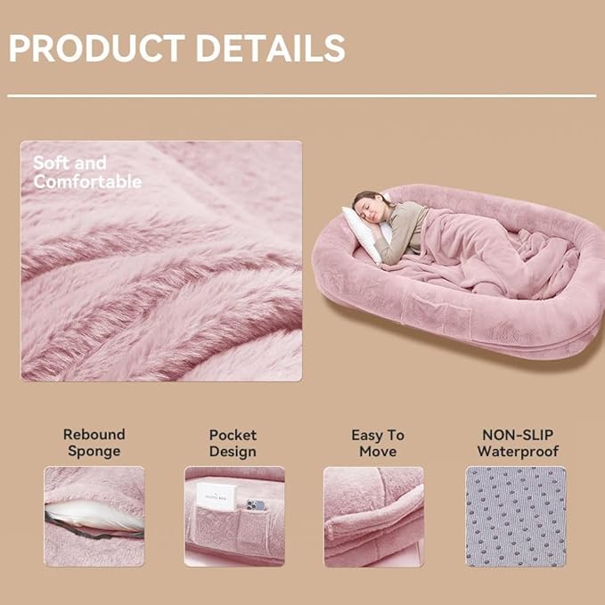 Ultra-Soft Human Size Dog Bed for People and Pets; 77”x51”x11” Extra Large Dog Bed with Raised Cushioned Rim, Removable Cover, Waterproof Lining and Bonus Blanket (77"x51"x11", Pink)