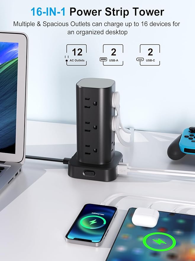 Power Strip Tower with Multiple Outlets, Flat Plug Surge Protector Tower Extension Cord with 12 AC Outlets 4 USB Ports (2 USB C), 10FT Cord Power Tower Surge Protector for Home Office Dorm Room, Black