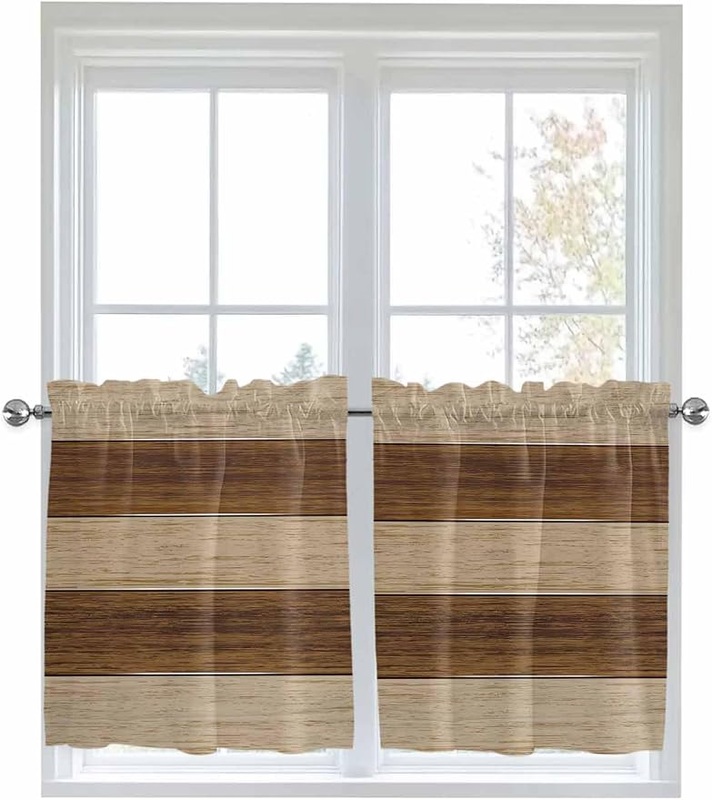 Retro Country Brown Wooden Board Window Valance Curtains, Farmhouse Gradient