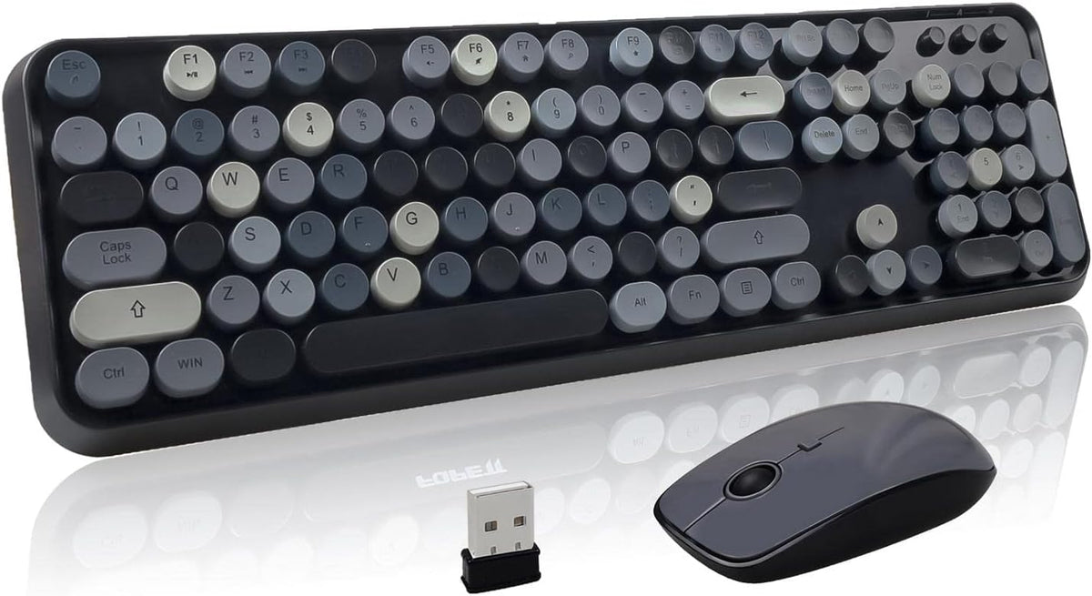 Clicky Wireless Keyboard and Mouse Combo,Retro Typewriter Style,Black Gray