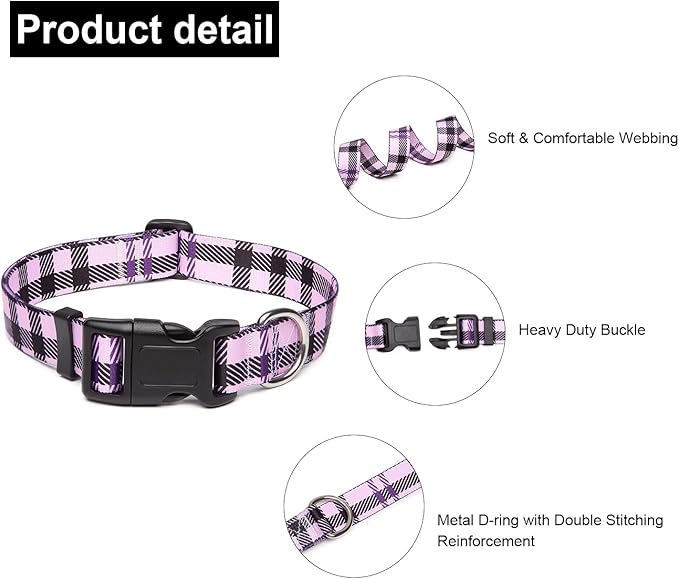 Mercano Adjustable Dog Collar - Special Design Patterns, Soft Nylon Comfortable Durable Pet Collar for Small Medium Large Dogs (S, Purple Plaid)