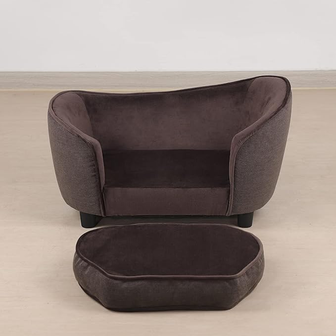 Getifun Pet Sofa Bed, Velvet & Linen Fabric Pet Couch Chair with Removeable & Washable Cushion for Small Dogs Cats (Brown)