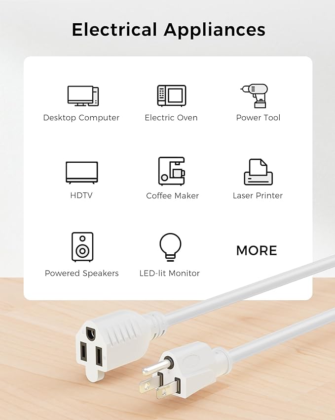 [UL Listed] Cable Matters 2-Pack 16 AWG Heavy Duty 13A Power Extension Cord - 10ft, 3 Prong Power Cord Extension, NEMA 5-15P to NEMA 5-15R, White
