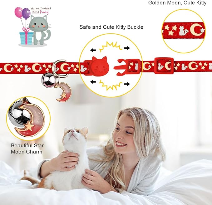 Baeuppit 2PCS Breakaway Cat Collars with Bell Cute Kitty Glow in The Dark Adjustable Kitten Collars(Red&Purple)