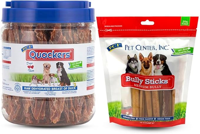PCI Pet Center, Inc Duck Quackers and Bully Sticks Dog Treats Bundle, 1 lb Container & 10 Count Bag