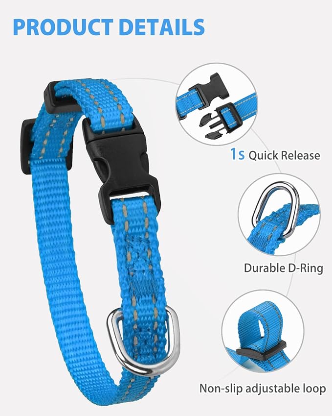 Joytale Small Dog Collar, Reflective and Adjustable Nylon Collar with Quick-Release Buckle, Lightweight No-Choke Design for Puppy and Extra Small Dogs, Sky Blue, XS