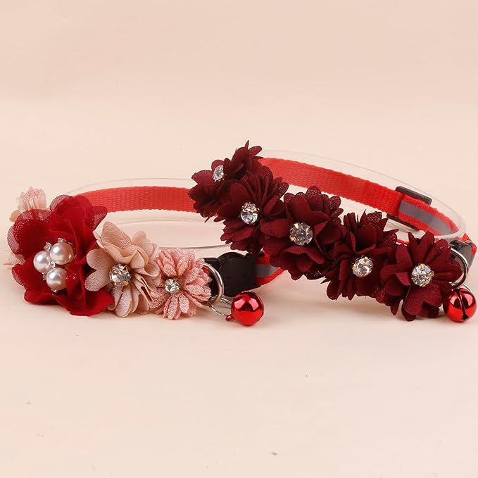 2 Pack Cat Collar Pink Floral with Bell and Removable Flower Bowtie Breakaway Adjustable Cat Collar for Girl Kitten Puppy Small Cats Dogs Daily Decoration (XQ102-3)