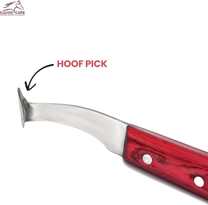Equine Care Hoof Knife - J2 Japanese Steel Blade with Hoof Pick, Brass Topper Sheet Handle - Farrier Tool for Horse & Cow Hoof Care, Shoeing, Trimming, and Supplies. (Right-Handed)