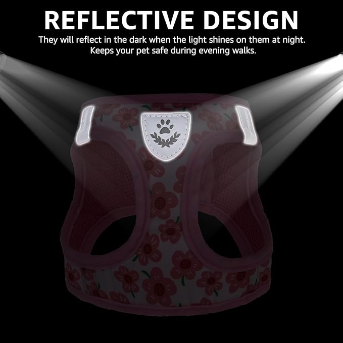 SCENEREAL Small Dog Harness and Leash Collar Set, Step in Soft Light Puppy Vest, Breathable Pet Harness for Small Sized Dogs, No Chock Reflective for Safe Outdoor Walking, Pink Flower S