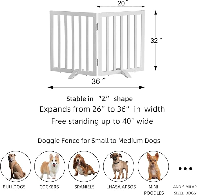 ZJSF Freestanding Indoor Dog Gate for House Foldable Wood White Puppy Gate for Doorways Pet Gate for Stairs Extra Wide Pet Fence 32" Height 2 Panels