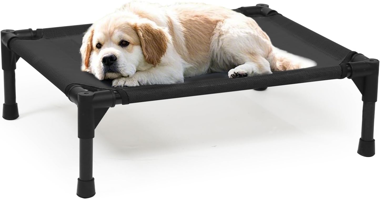 Small Elevated Dog Bed Outdoor, Raised Pet Bed Off Ground, Cooling Dog Place Bed with Washable Mesh & Non Slip Feet, Pet Hammock Bed for Indoor (S, Black)