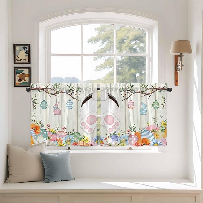 Easter Kitchen Tier Curtains 36 Inch Long 2 Panel Set, Rod Pocket Half Window